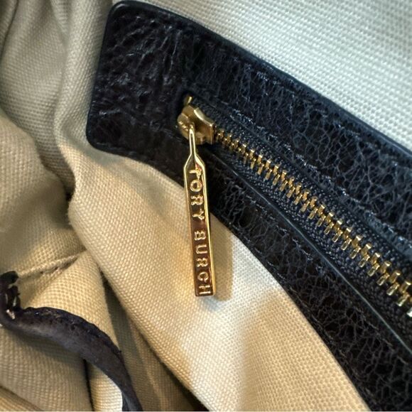 TORY BURCH Dena Black Glazed Distressed Leather Hobo Shoulder Bag - Picture 7 of 10